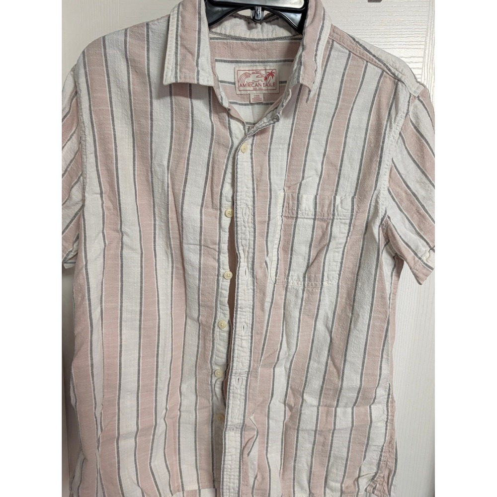 American Eagle Mens Large Short Sleeve Button Down Striped Pink White Shirt